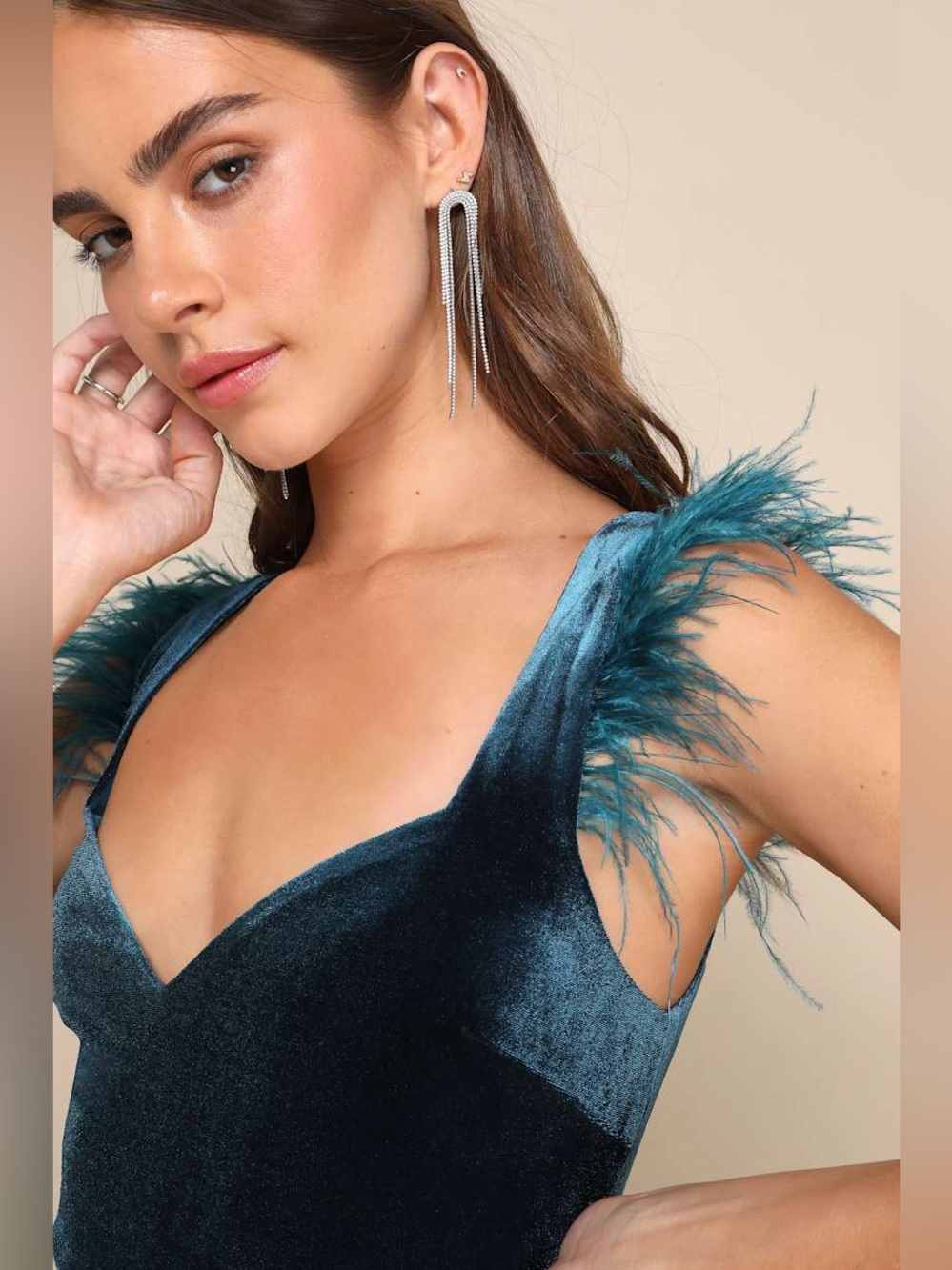 Fabulous Vibe Teal Blue Velvet Feather Sleeveless Bodysuit
